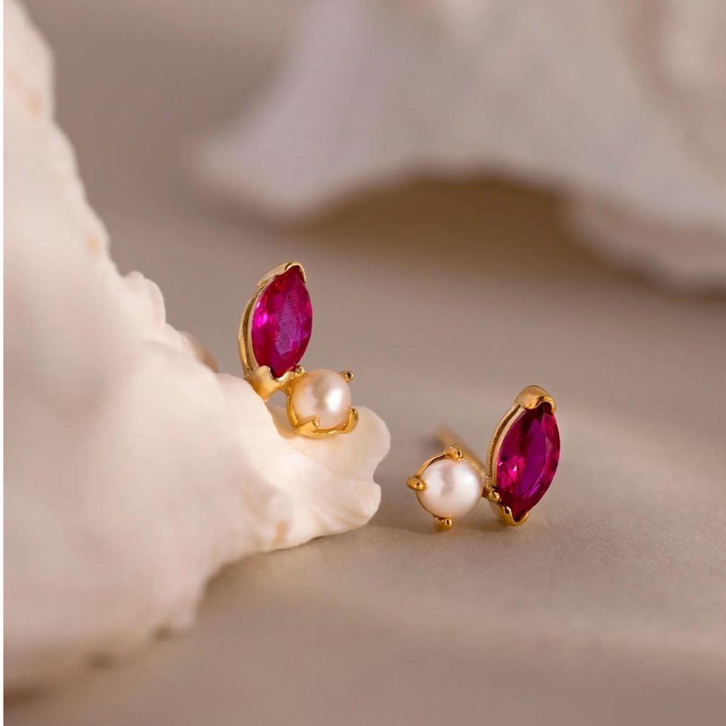 Caitlyn Minimalist Red Marquise & Pearl Stud Earrings.